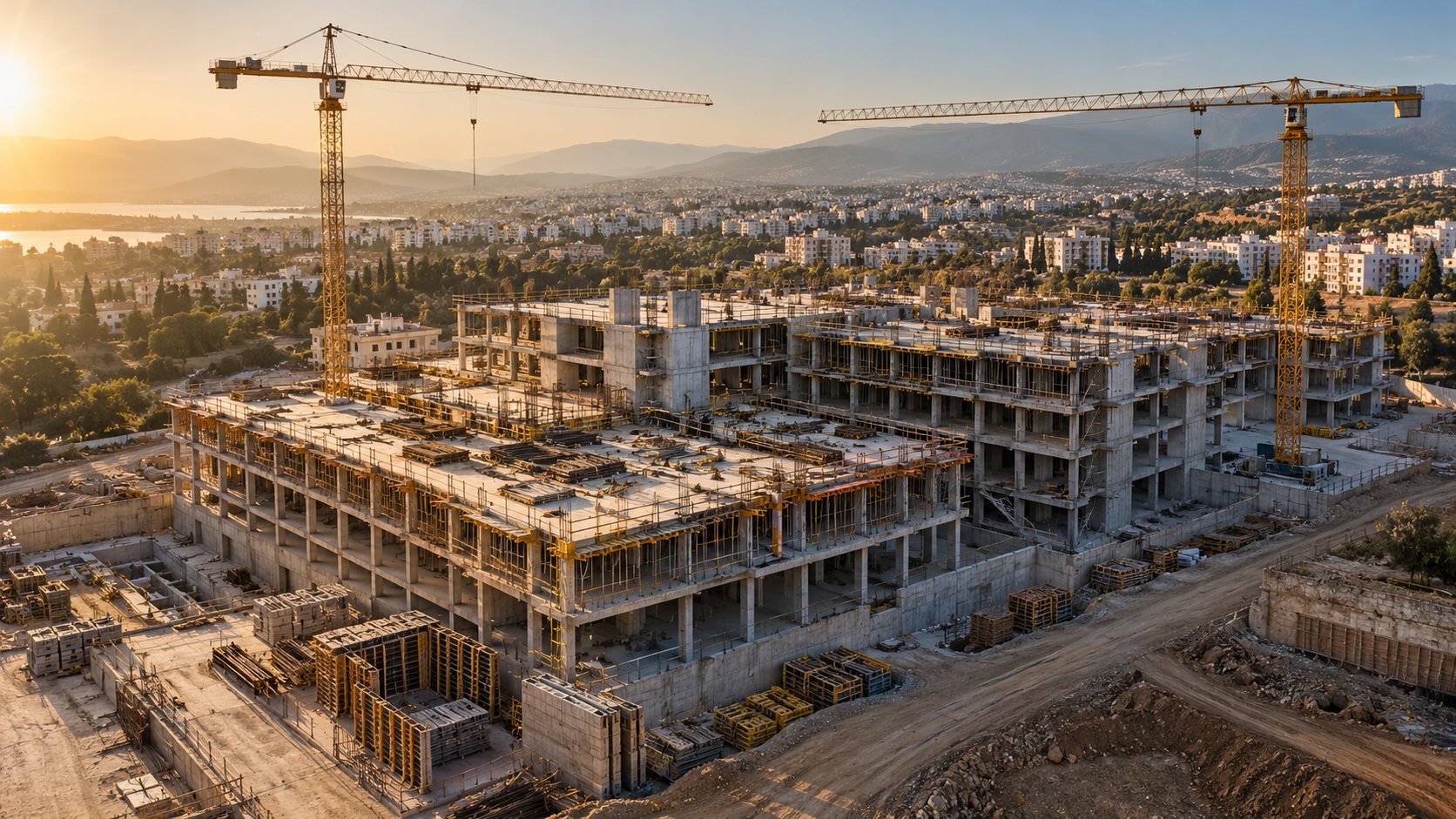 Vista aérea de una gran estructura de hormigón con grúas durante la construcción