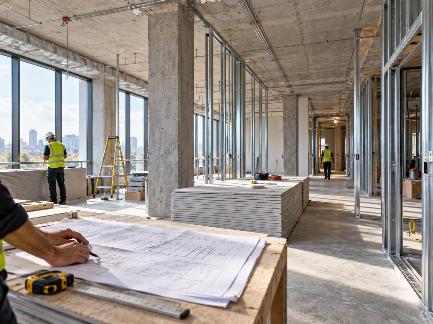 Planos y materiales durante una reforma interior de oficinas