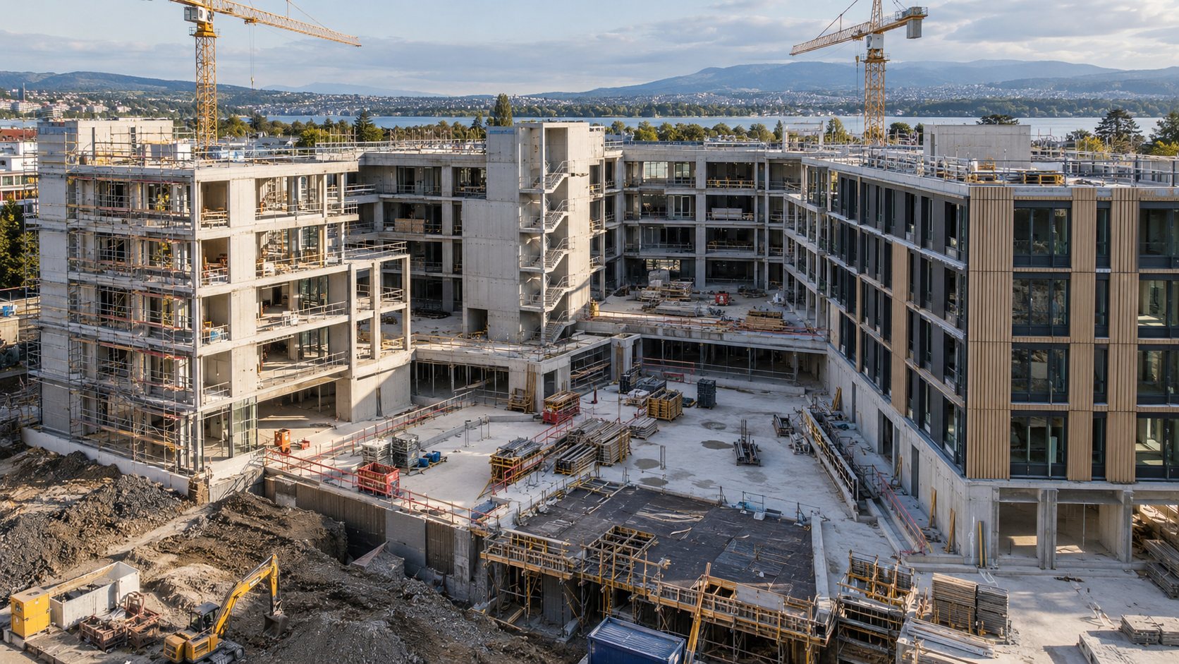 Varias alas de un edificio en diferentes fases de construcción