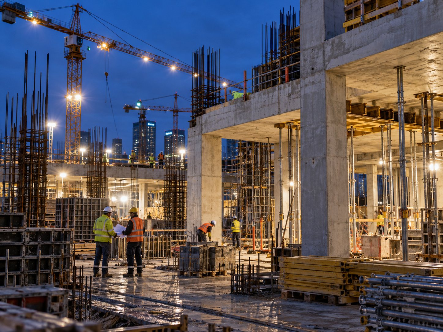 Trabajos y estructura de construcción bajo iluminación nocturna