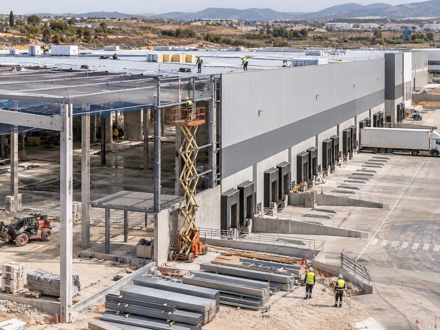Detalle de fachada y muelles de un centro logístico en construcción