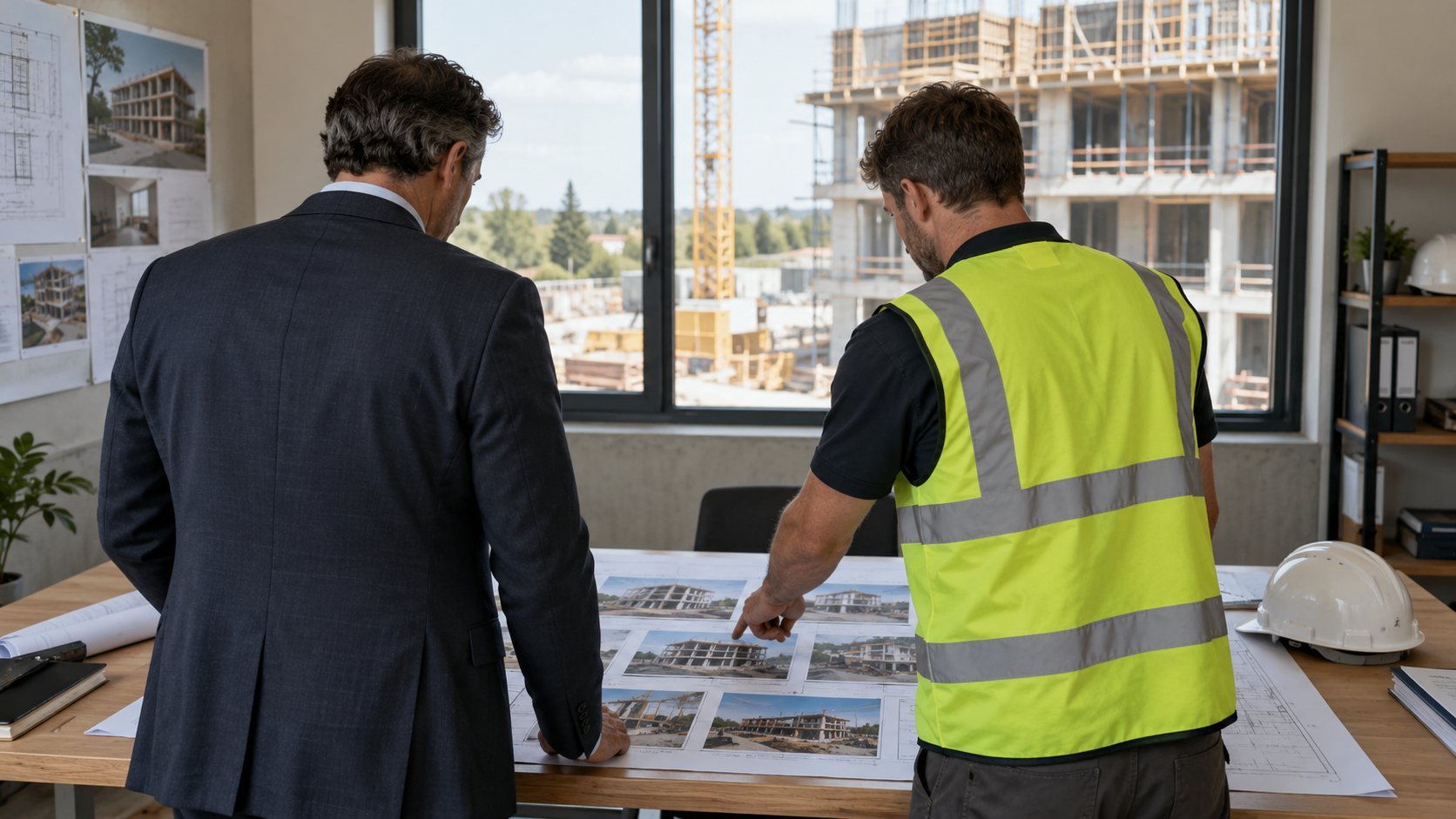 Promotor y técnico revisando fotografías de avance de obra
